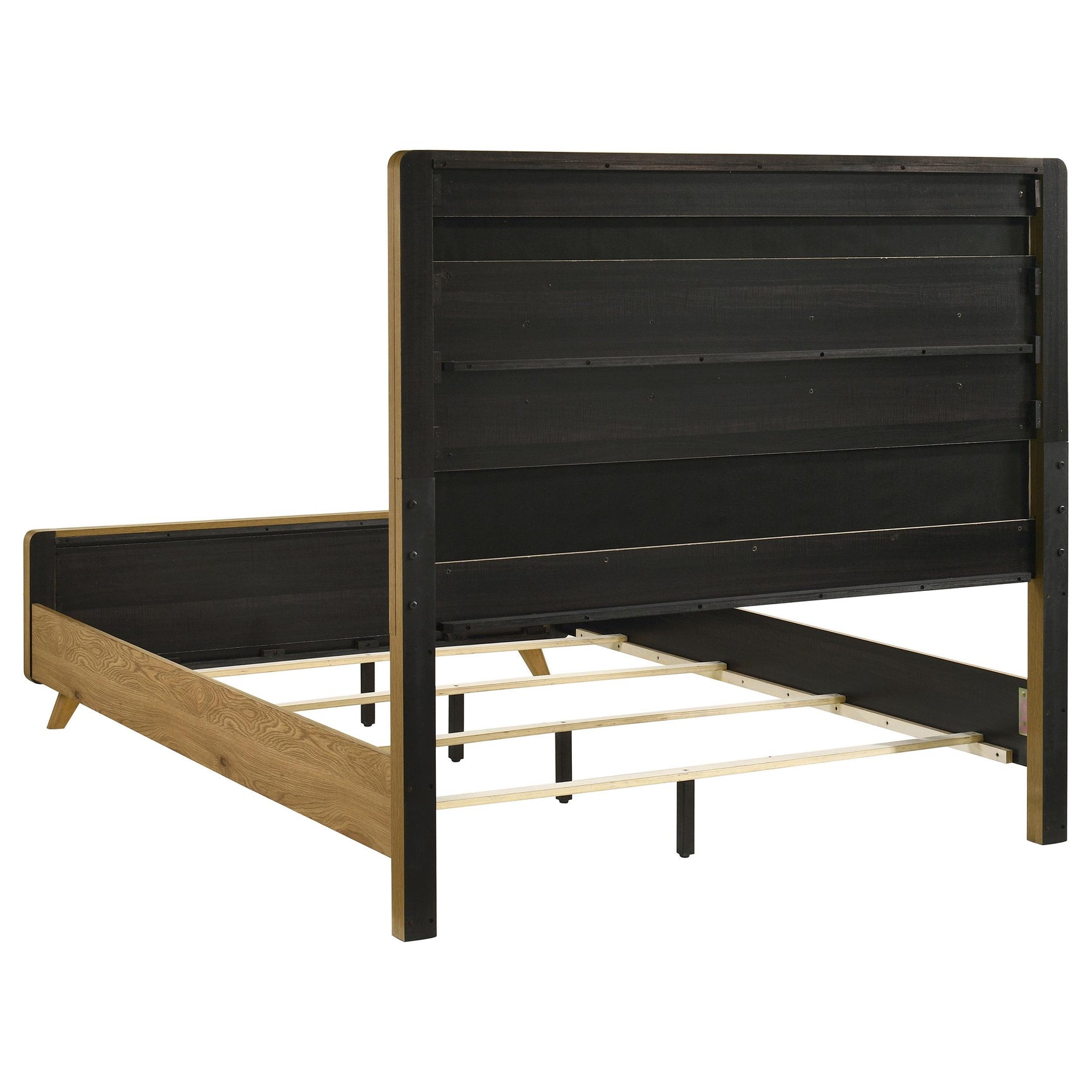 Bennett 62-inch queen upholstered panel bed in cream with light oak frame, front view