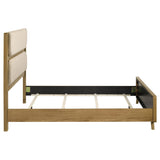 Bennett 62-inch queen upholstered panel bed in cream with light oak frame, front view