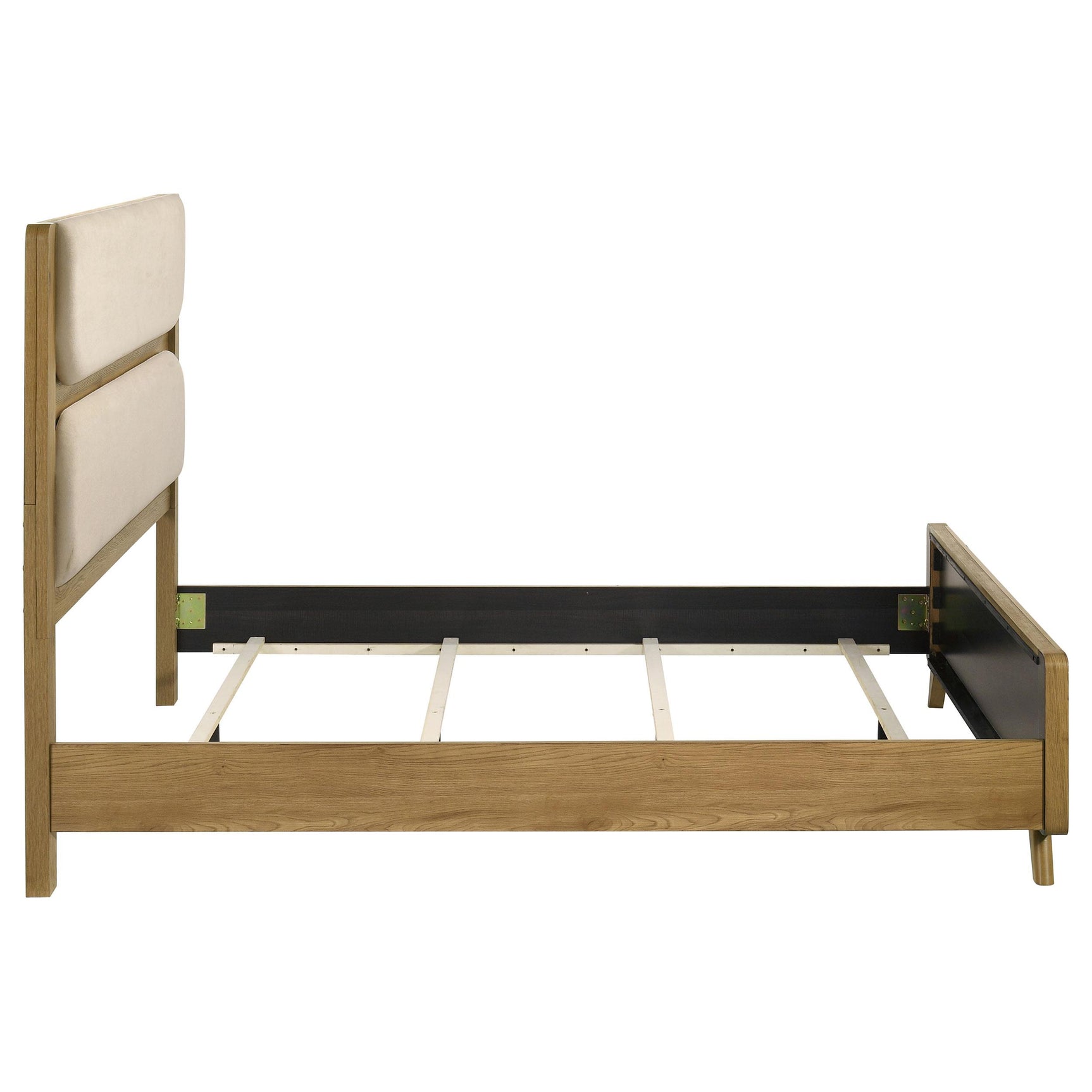 Bennett 62-inch queen upholstered panel bed in cream with light oak frame, front view