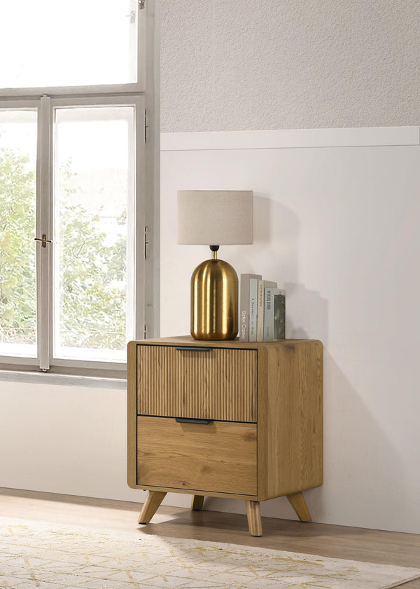 Bennett nightstand close-up of vertical reeding drawer