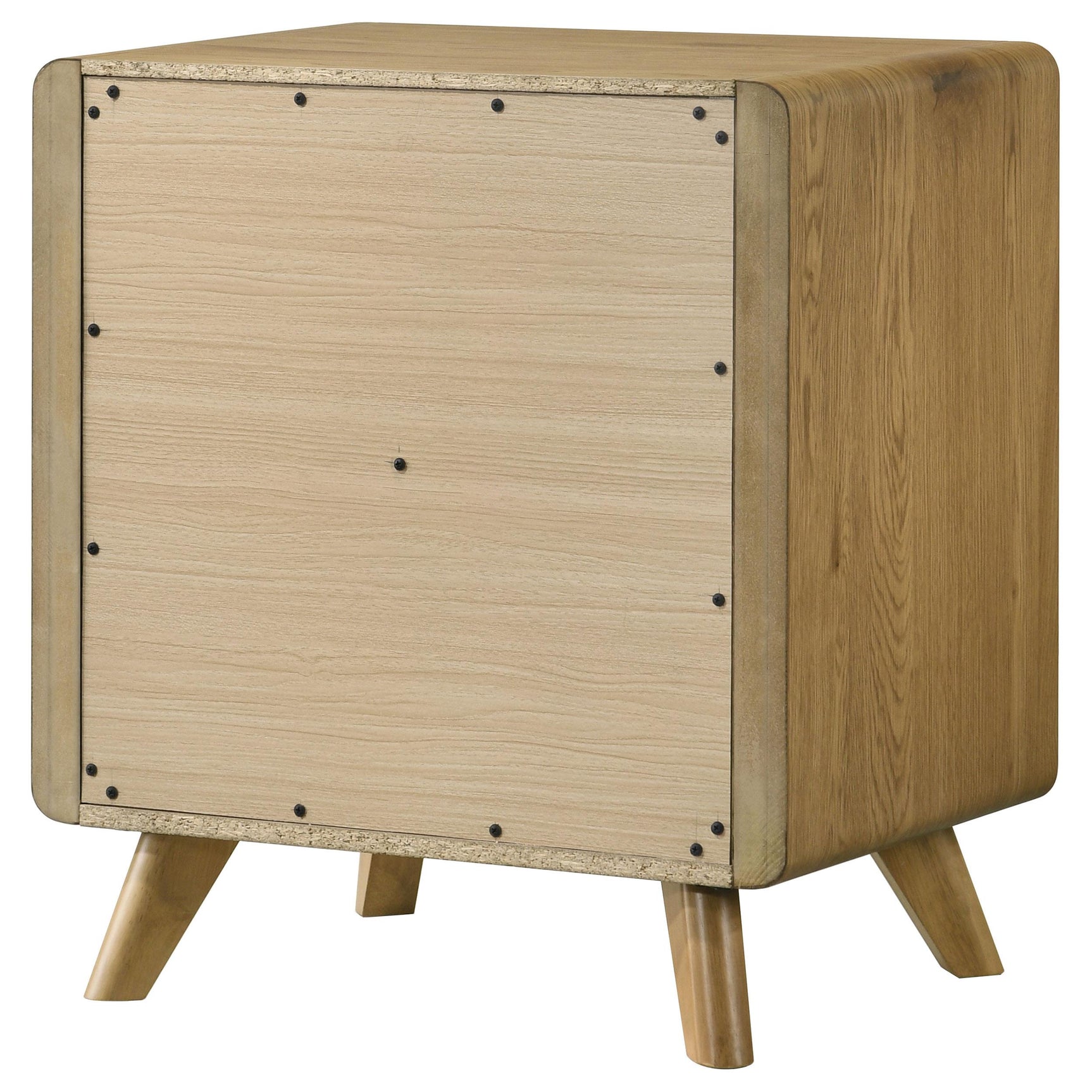 Nightstand placed next to bed in decorated bedroom