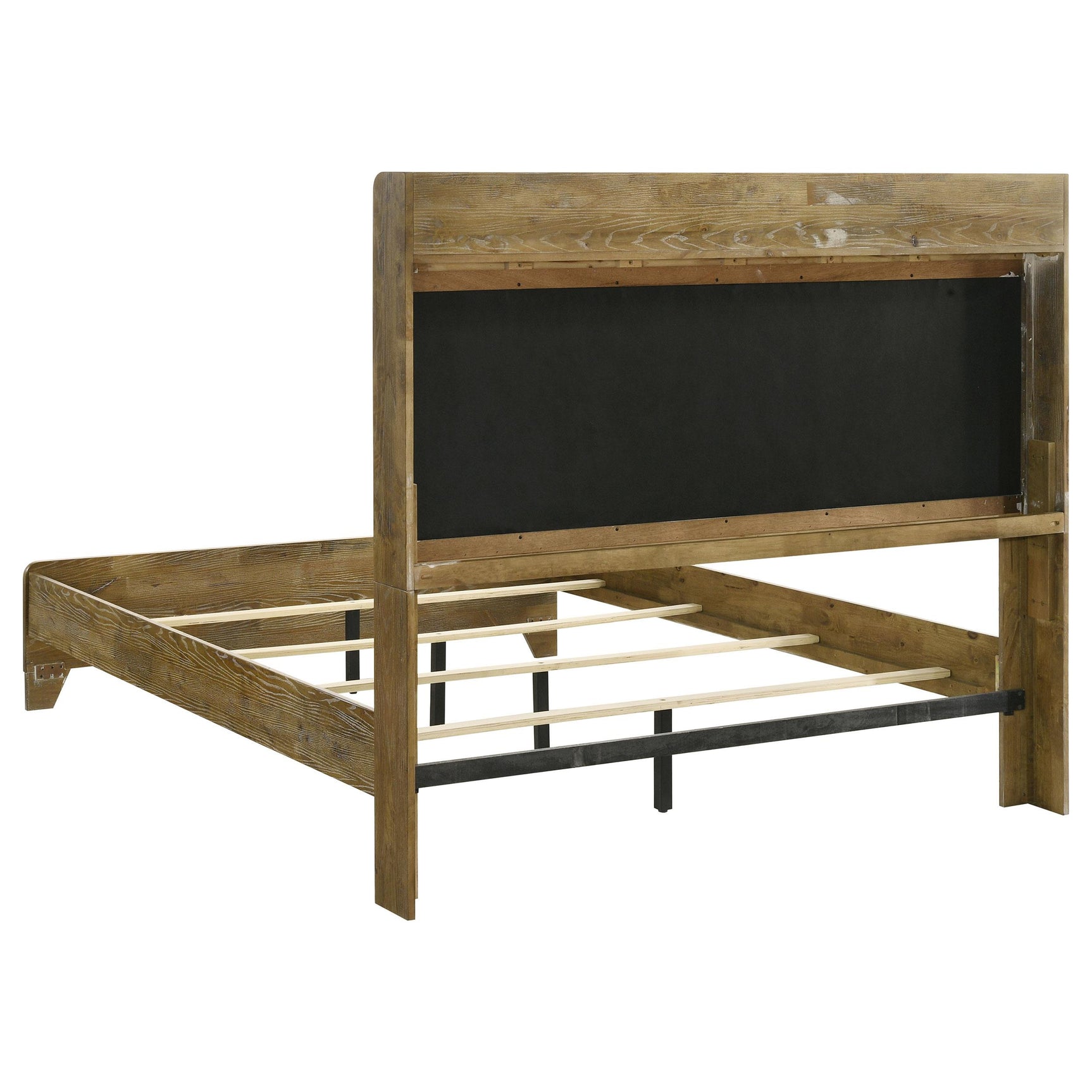 Medium oak finish wood grain detail on bed frame