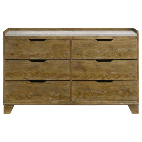 Top view showing faux marble melamine top on dresser
