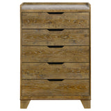 Side view of Henderson 5-drawer chest in medium oak