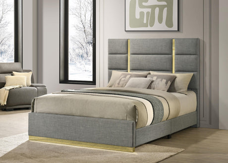 Side view of Ines queen bed showing gold base detail on footboard