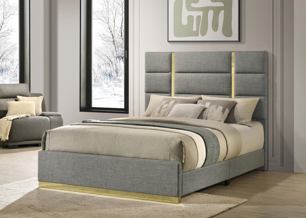 Side view of Ines queen bed showing gold base detail on footboard
