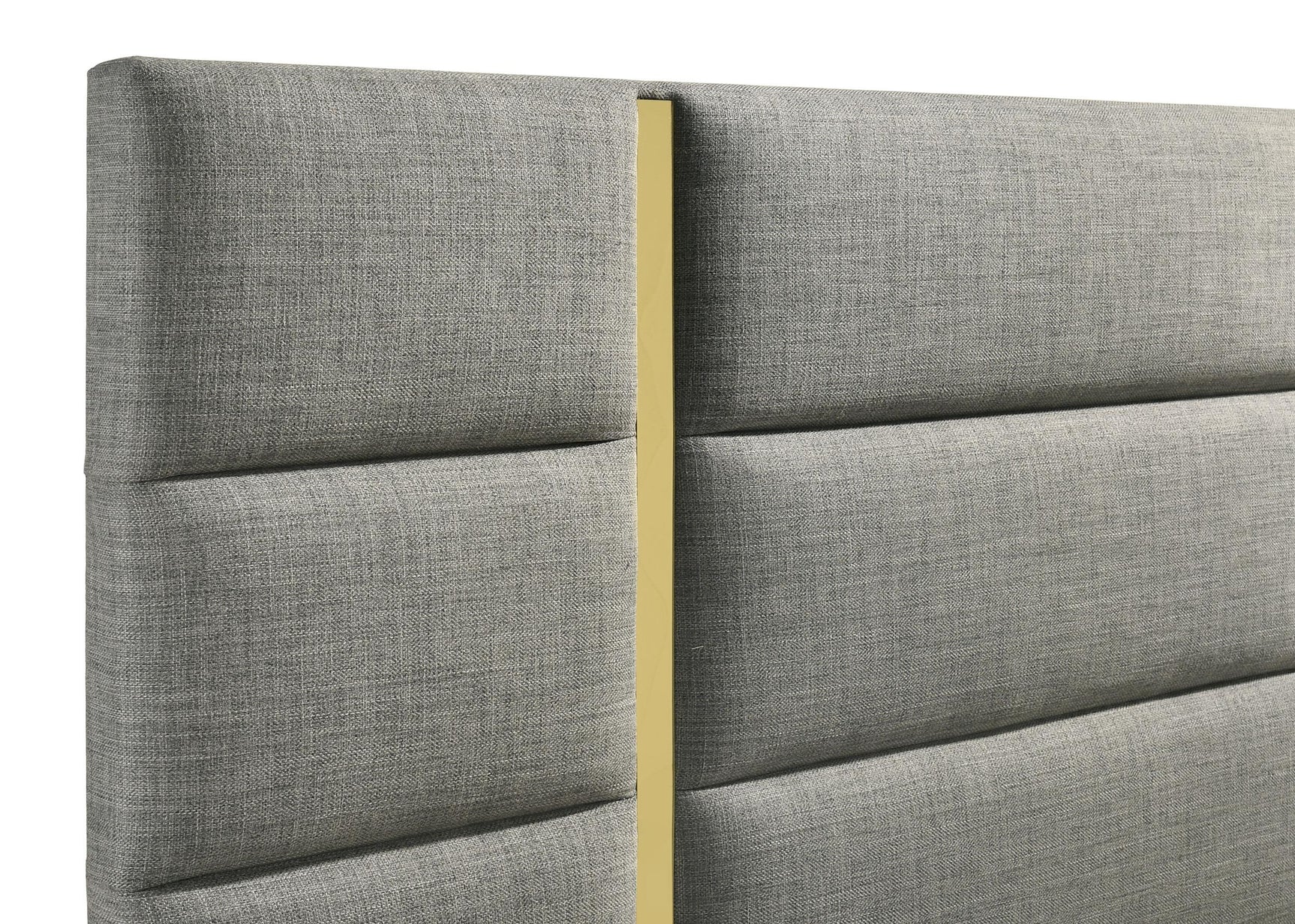 Headboard vertical gold acrylic strip accents with grey fabric