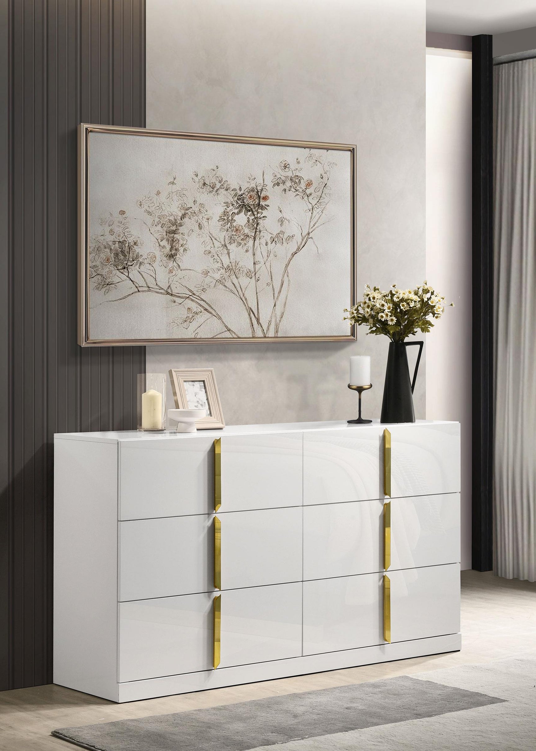 Side angle of Ines 6-drawer white high gloss dresser
