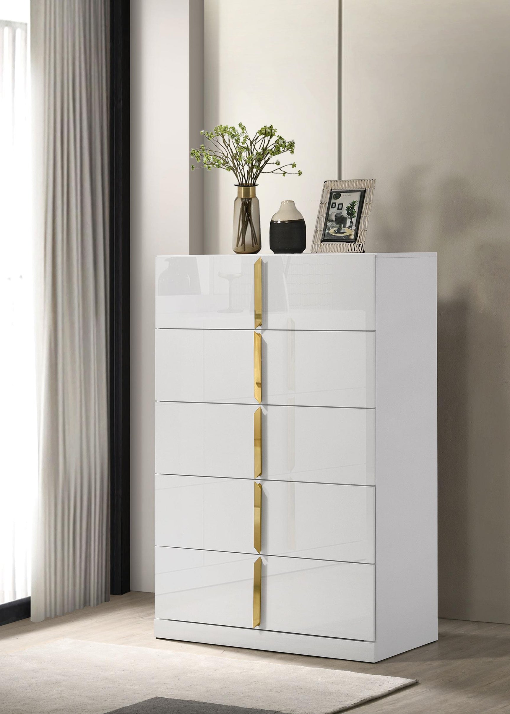Ines chest drawer detail with polished gold pull