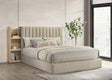 Arielle King Bed side view showing fabric headboard and bookcase panel