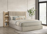 Arielle King Bed side view showing fabric headboard and bookcase panel