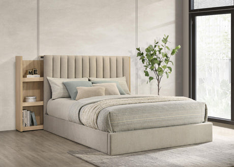 Arielle King Bed side view showing fabric headboard and bookcase panel
