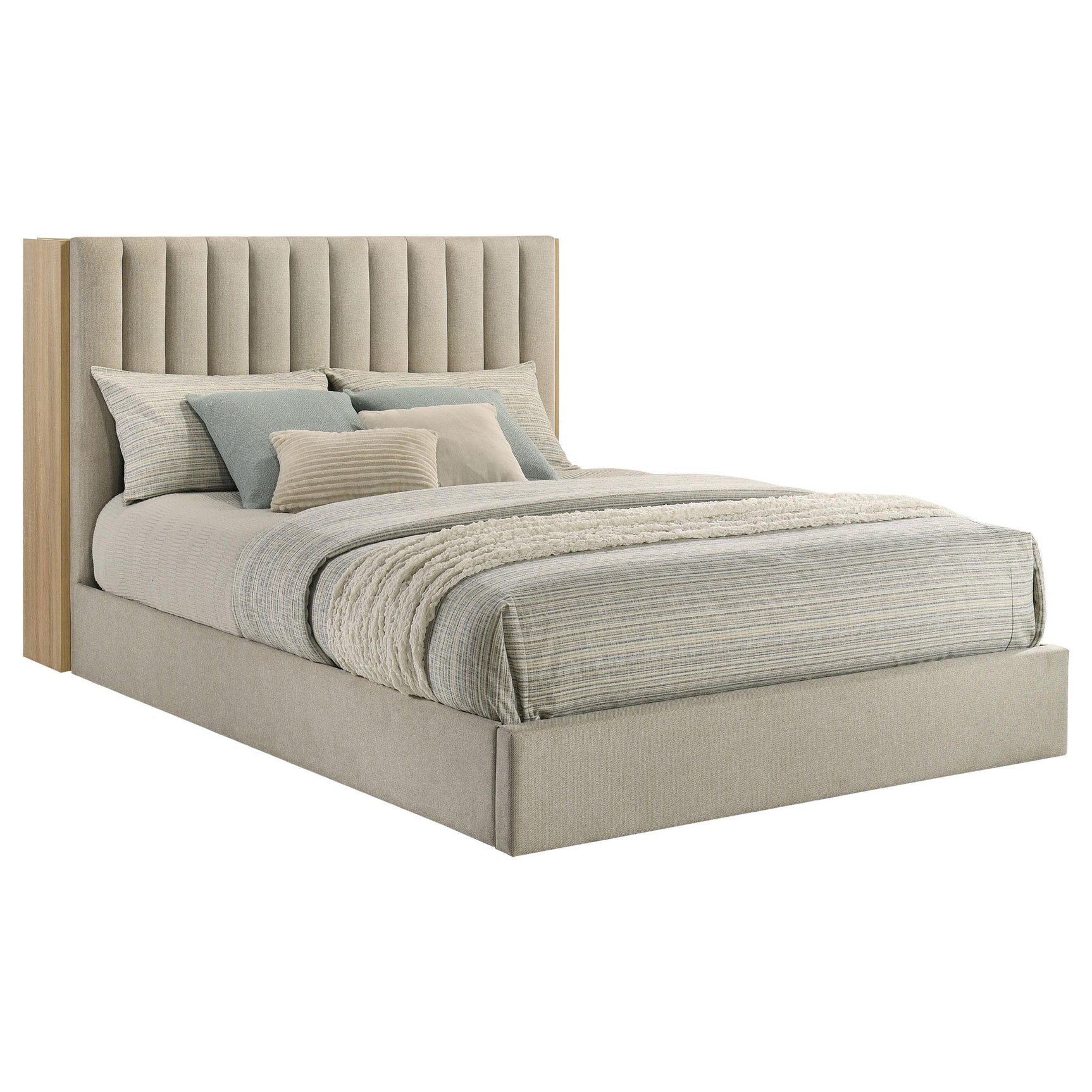 Sliding open bookshelf panel on Arielle Queen Bed