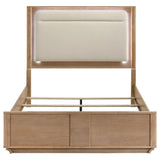 Close-up of upholstered headboard with white LED lighting