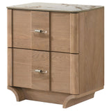 Two drawers of Leanne nightstand open to show storage interior