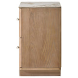 Side angle of Leanne nightstand highlighting waistline base and wood veneer