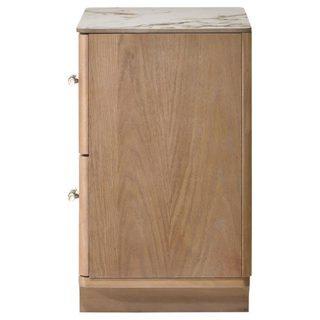 Side angle of Leanne nightstand highlighting waistline base and wood veneer
