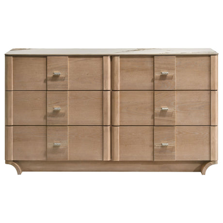 Leanne dresser side angle showing curved drawer fronts
