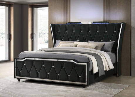 Close-up of button-tufted wingback headboard with LED lighting