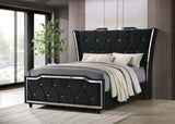 Lorient Queen bed side angle showcasing plush velvet upholstery and wingback headboard