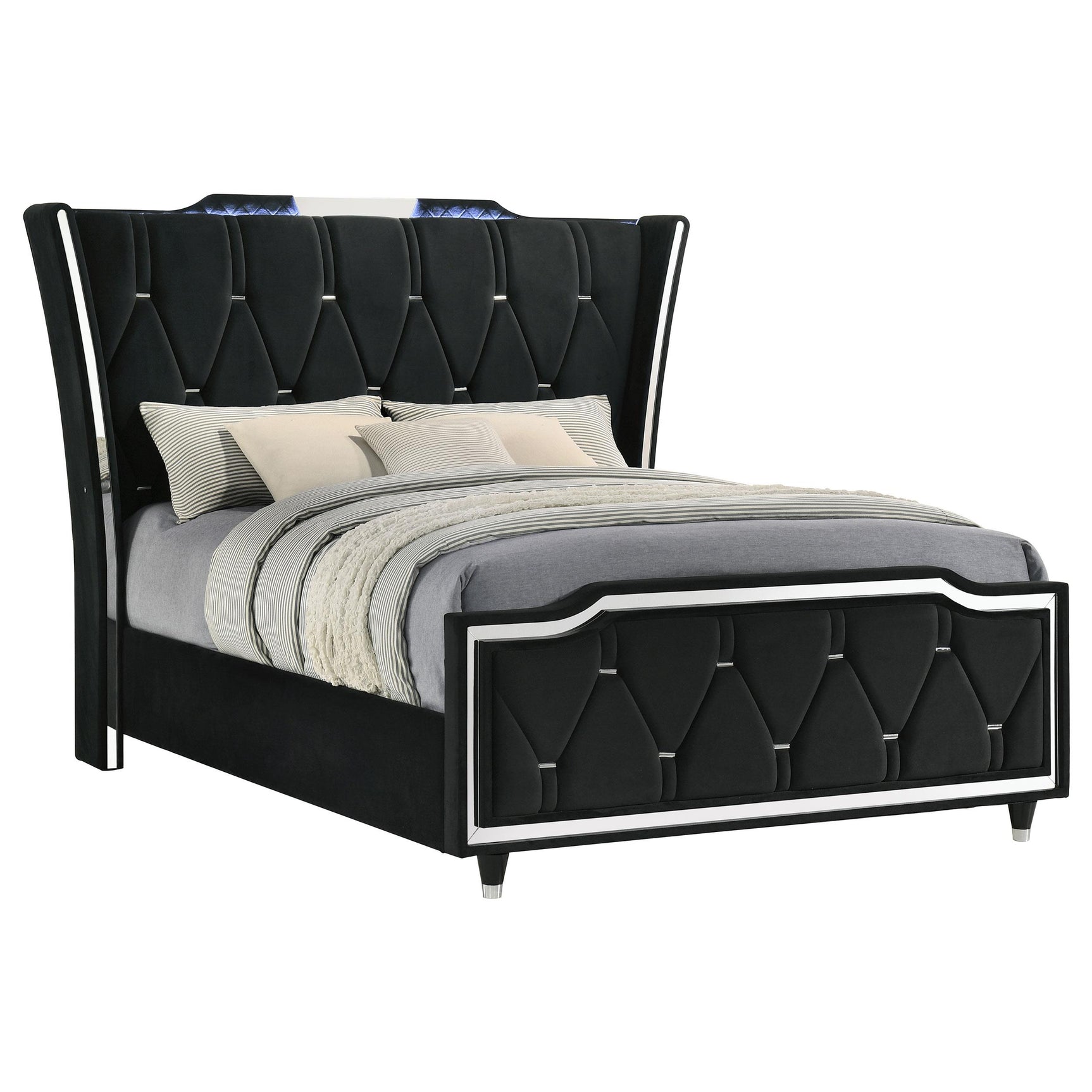 Close-up of LED crown lighting on headboard wings with switch