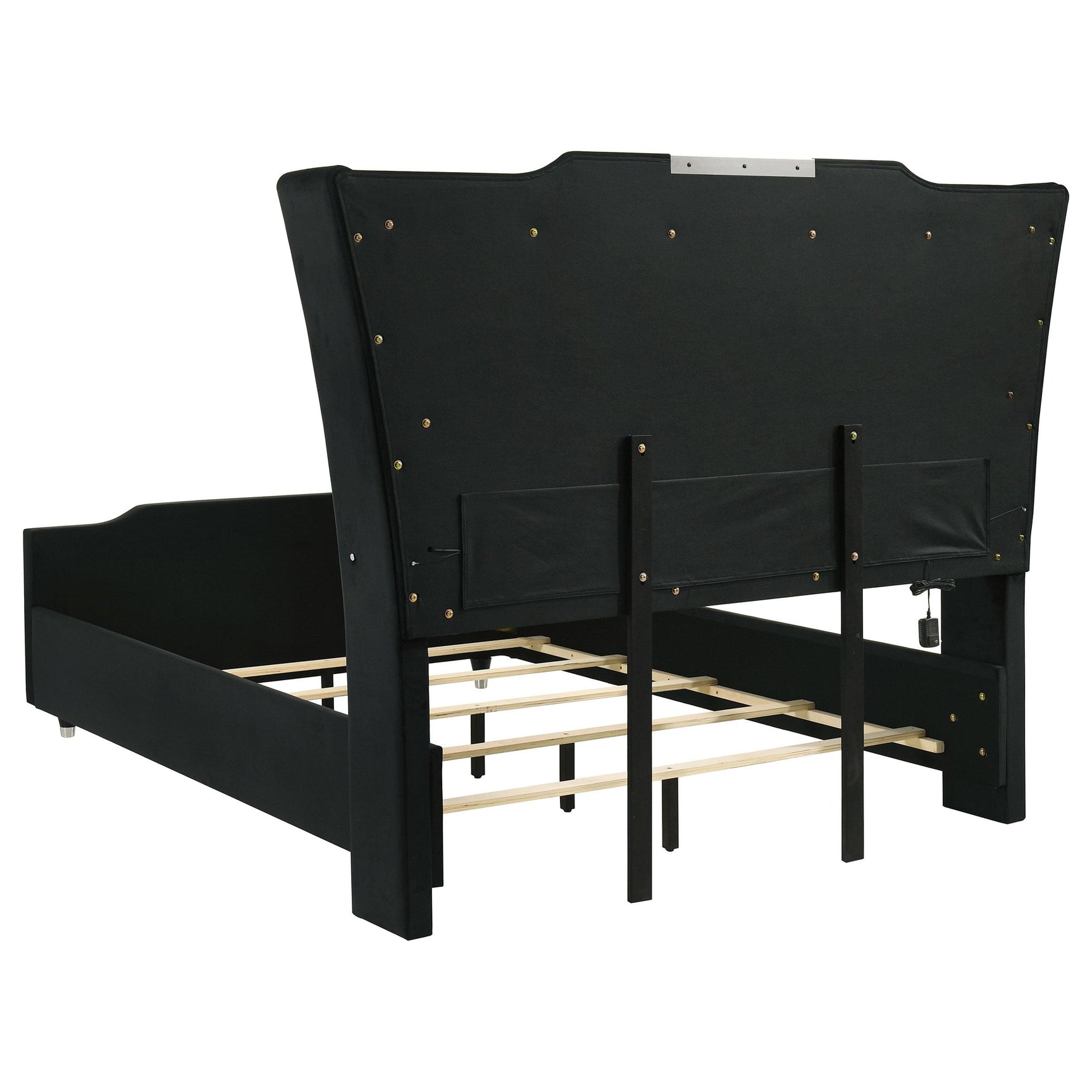 Solid rubberwood legs supporting Lorient queen bed frame