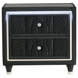 Close-up of quilted black velvet upholstery and crystal knobs