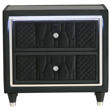 Close-up of quilted black velvet upholstery and crystal knobs