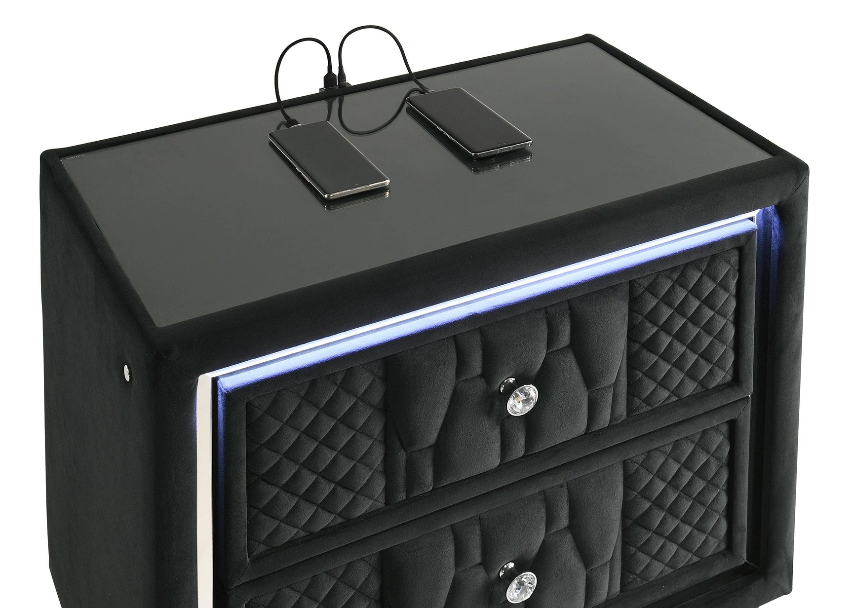 Lorient black velvet 2-drawer nightstand with LED lighting and USB ports