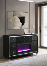 Close-up of LED flame visualizer behind clear tempered glass on dresser