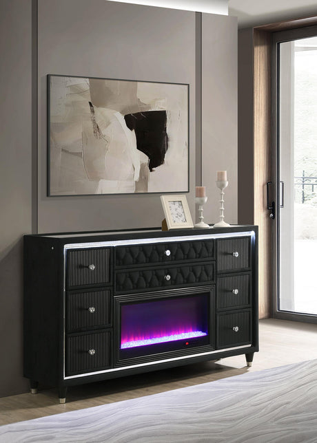 Close-up of LED flame visualizer behind clear tempered glass on dresser