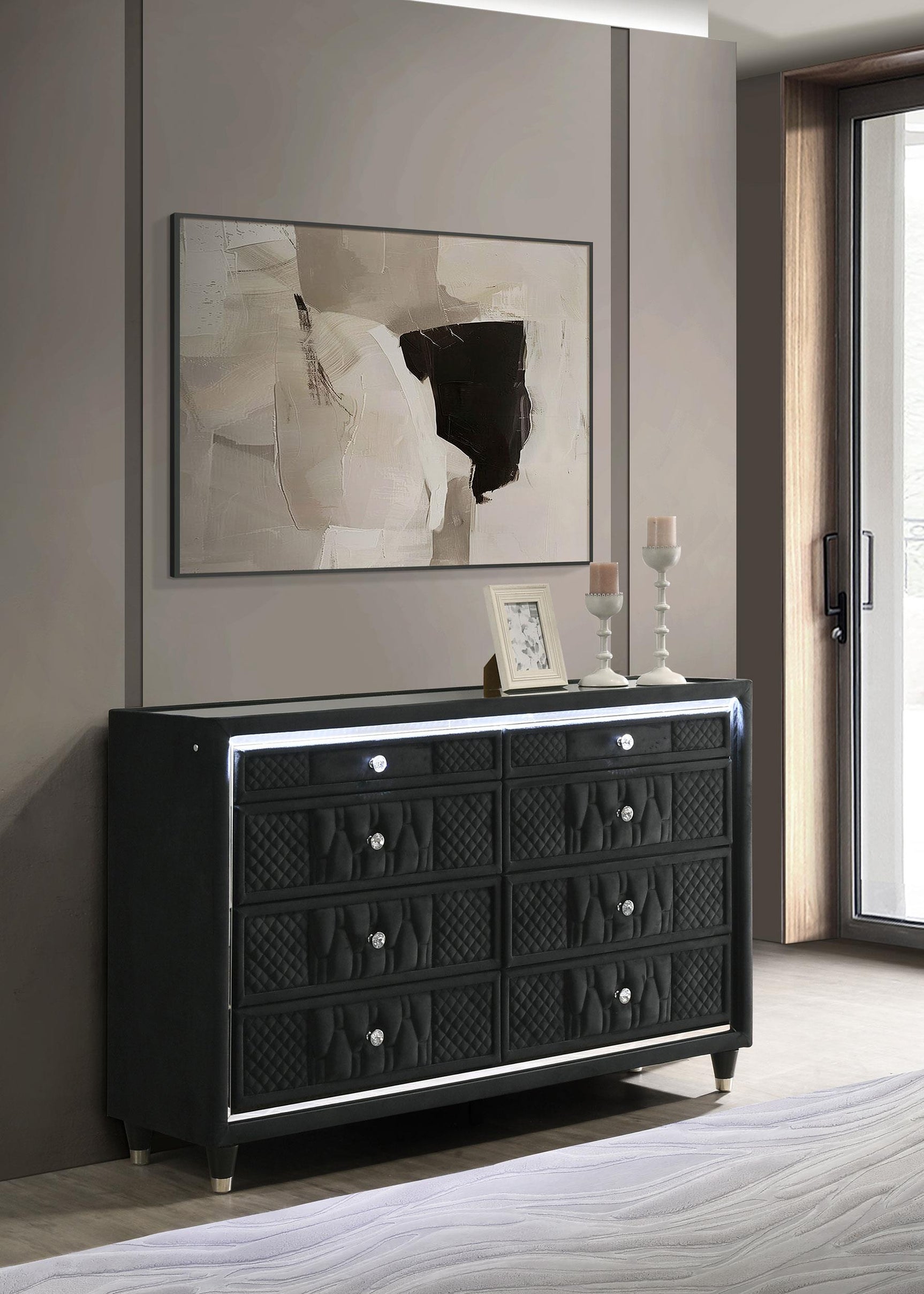 Lorient dresser detail showing crystal knobs and quilted drawer fronts