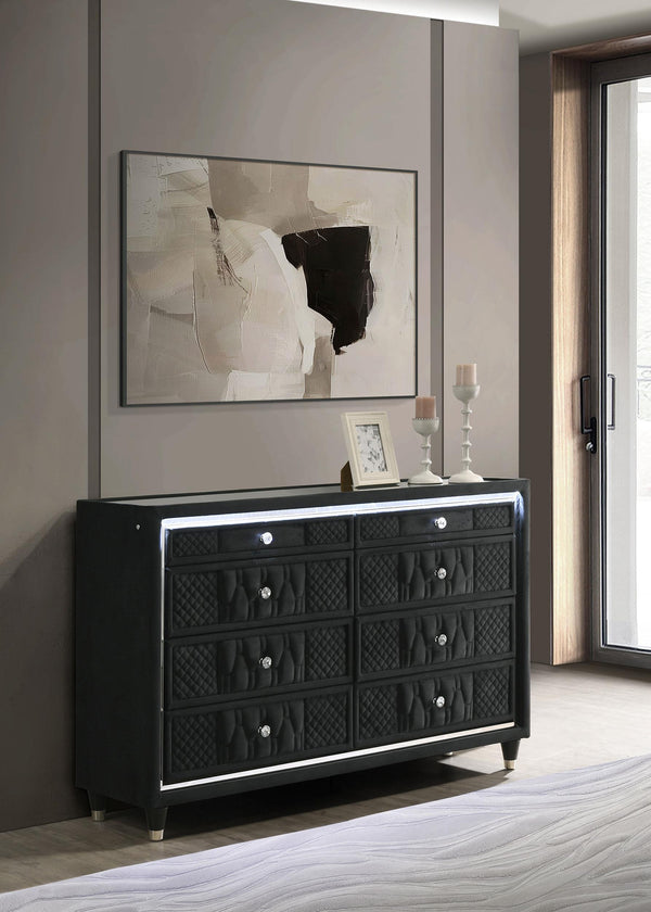 Lorient dresser detail showing crystal knobs and quilted drawer fronts