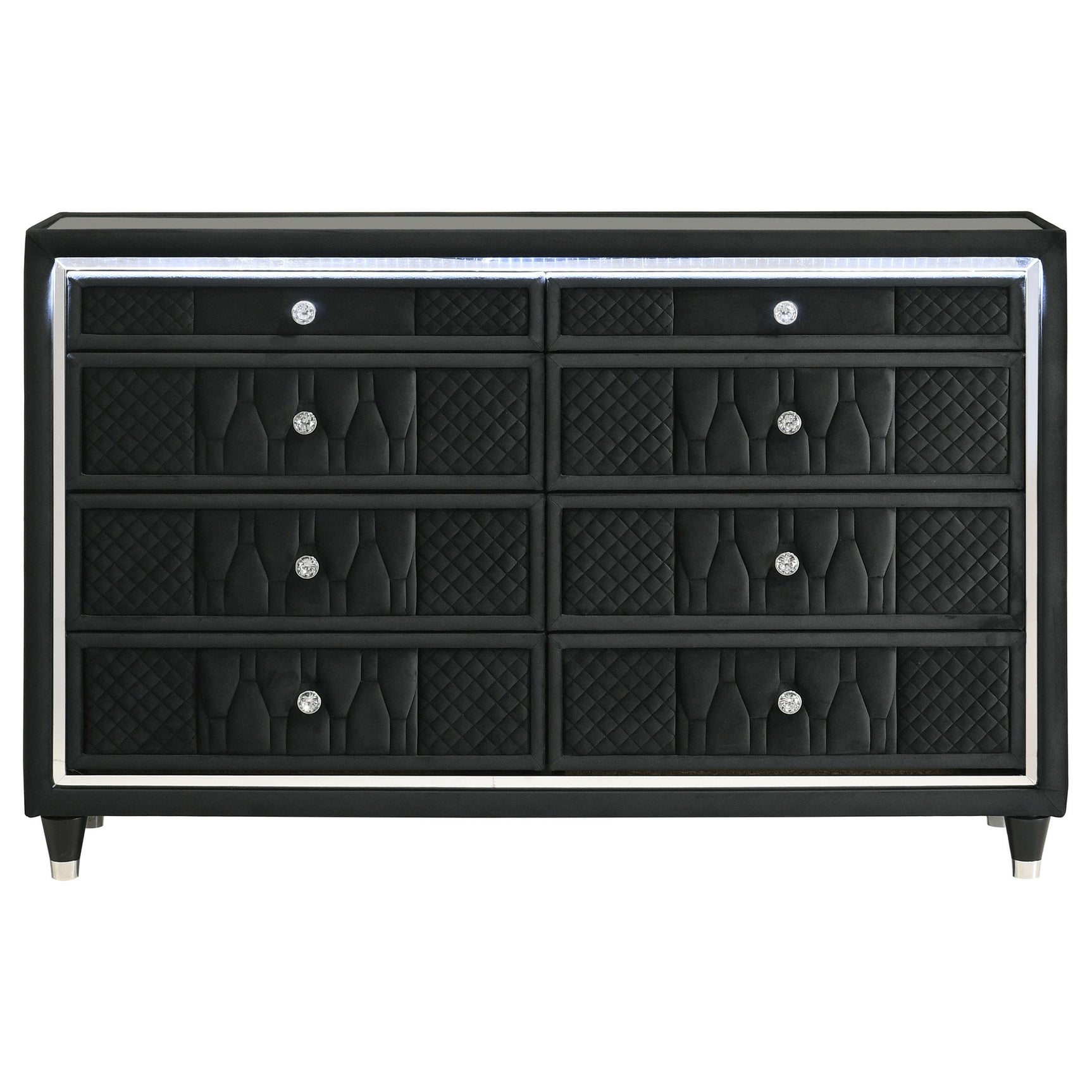 Close-up of LED lighting under tempered glass top on dresser