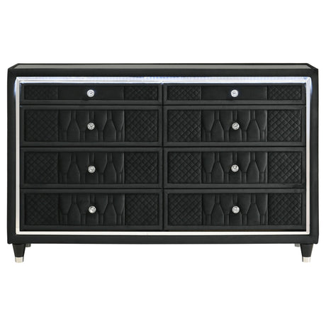 Close-up of LED lighting under tempered glass top on dresser