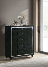 Close-up of crystal drawer knob and quilted velvet upholstery
