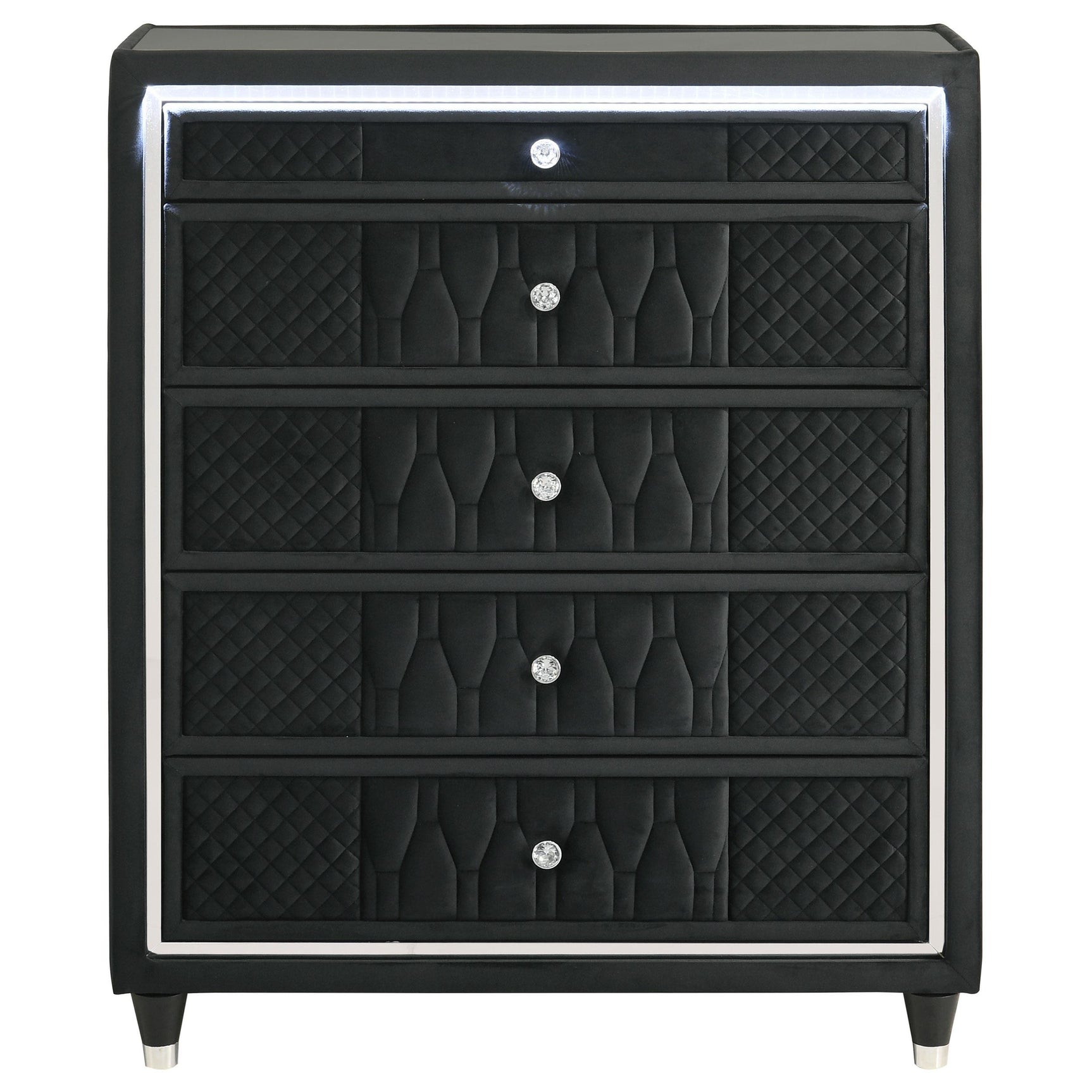 Top view showing tempered glass top and black felt-lined drawer