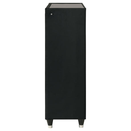 Open drawer displaying metal extension glide and velvet quilting
