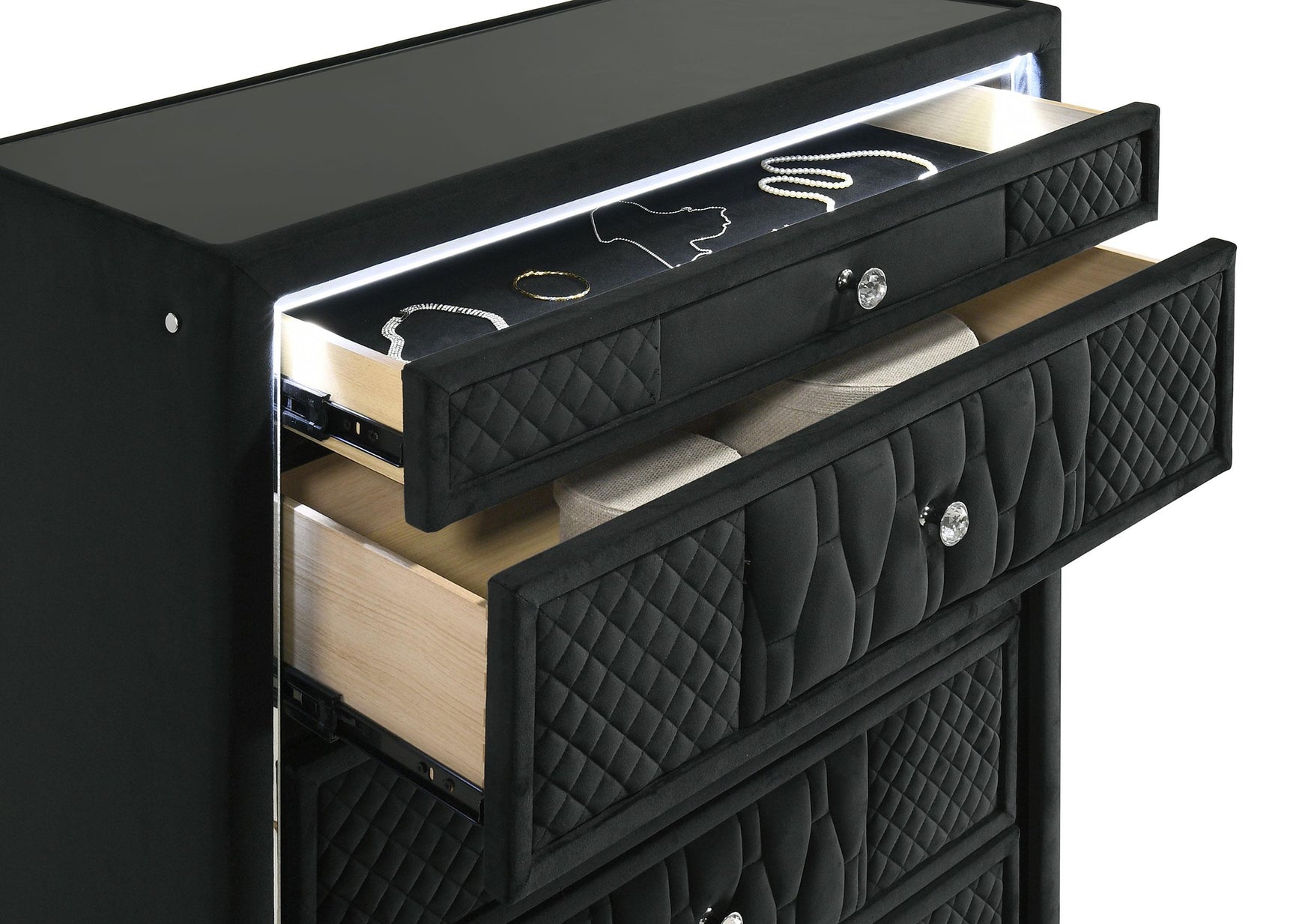Lorient black velvet chest of drawers with five drawers and LED lighting