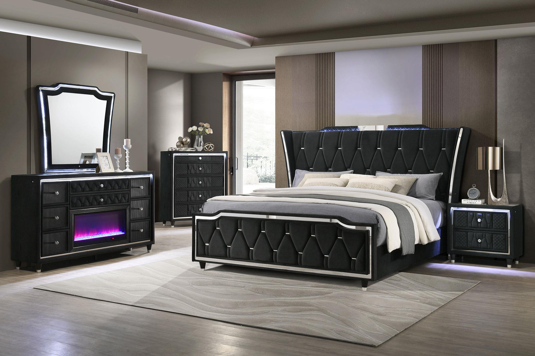 Lorient black velvet chest of drawers with five drawers and LED lighting