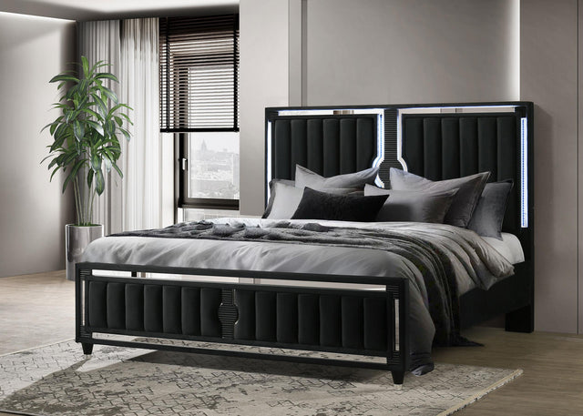 Side angle of Ravenne velvet upholstered eastern king LED panel bed