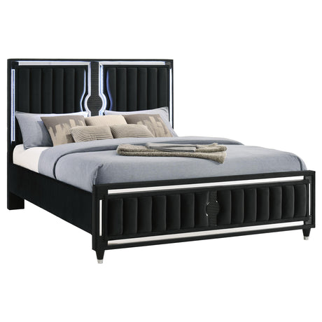 Close-up of black velvet upholstery and LED panel lighting on bed