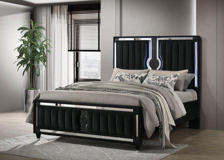 Ravenne queen bed side angle showing velvet fabric and LED lighting
