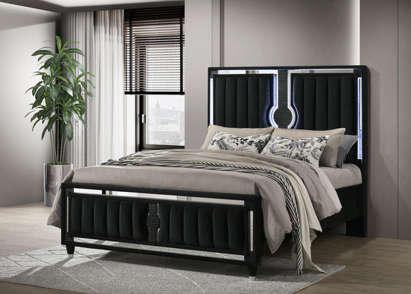 Ravenne queen bed side angle showing velvet fabric and LED lighting