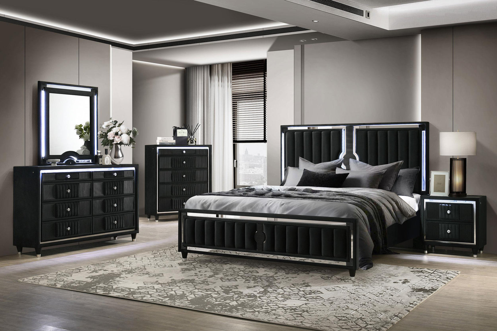 Ravenne Velvet Upholstered Queen LED Panel Bed Black