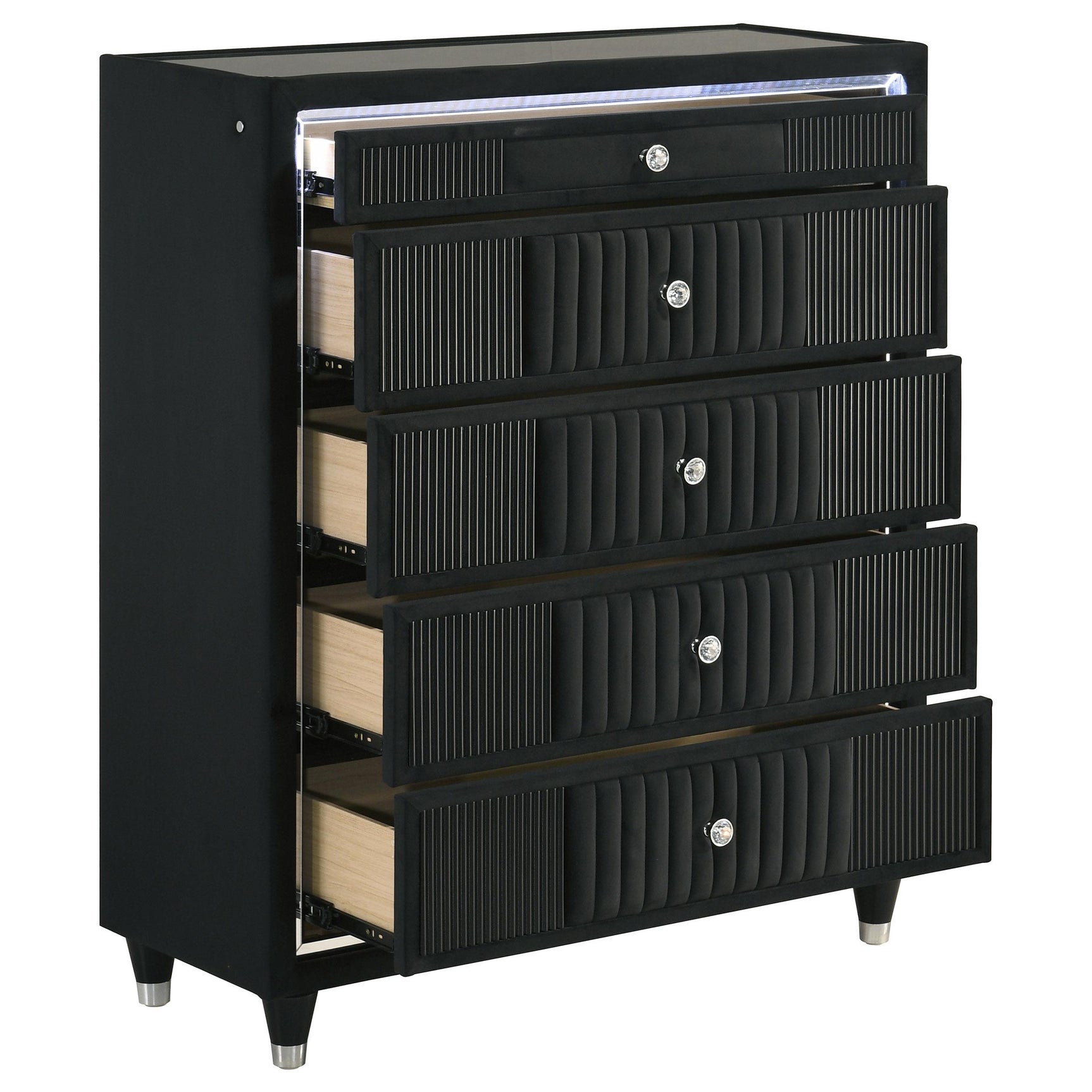 Drawer interior of medium density fiberboard with laminated paper