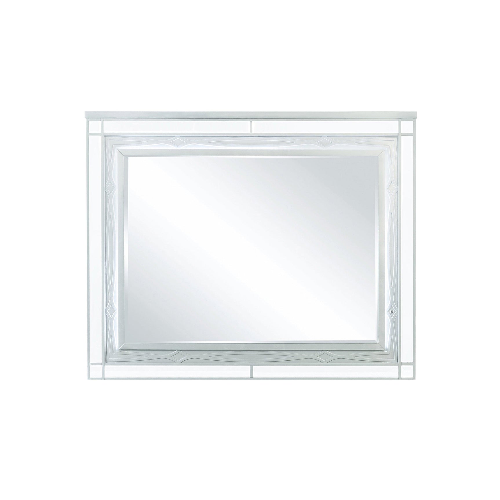 Side angle showing decorative fretwork and beveled mirror edges of Gunnison mirror