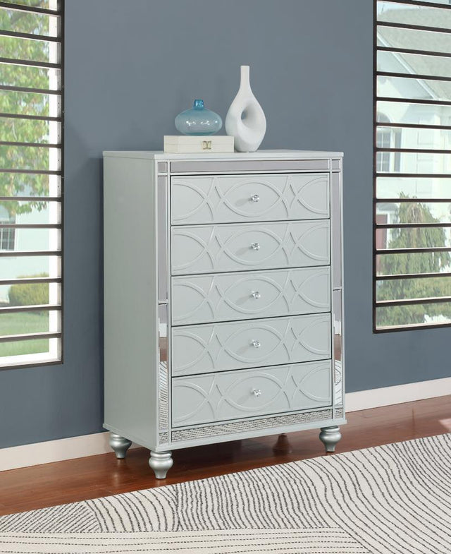 Gunnison 5-Drawer Chest Silver Metallic front view