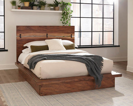 Winslow Eastern King Panel Bed in Smokey Walnut and Coffee Bean - angled front view