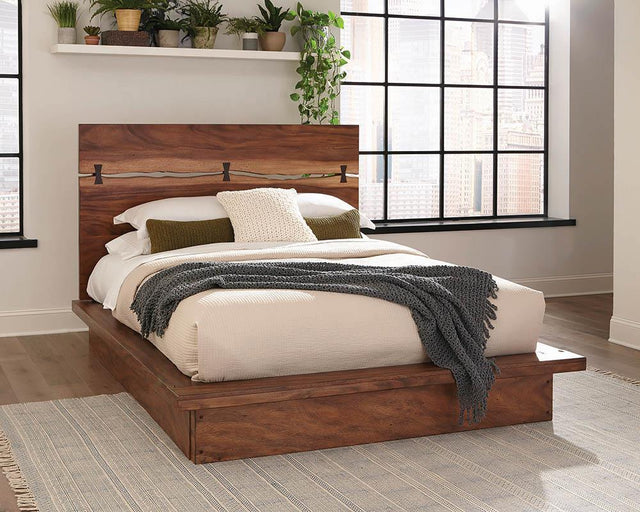 Winslow Eastern King Panel Bed in Smokey Walnut and Coffee Bean - angled front view